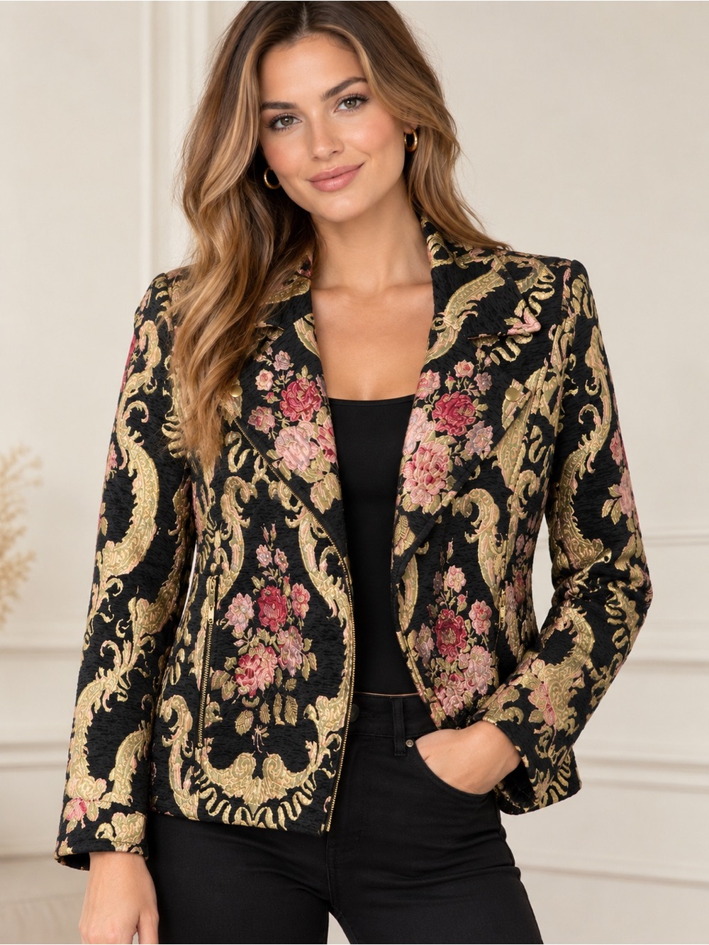 Soft Surroundings Women’s L Black Gold Pink Floral Brocade Embellished Jacket